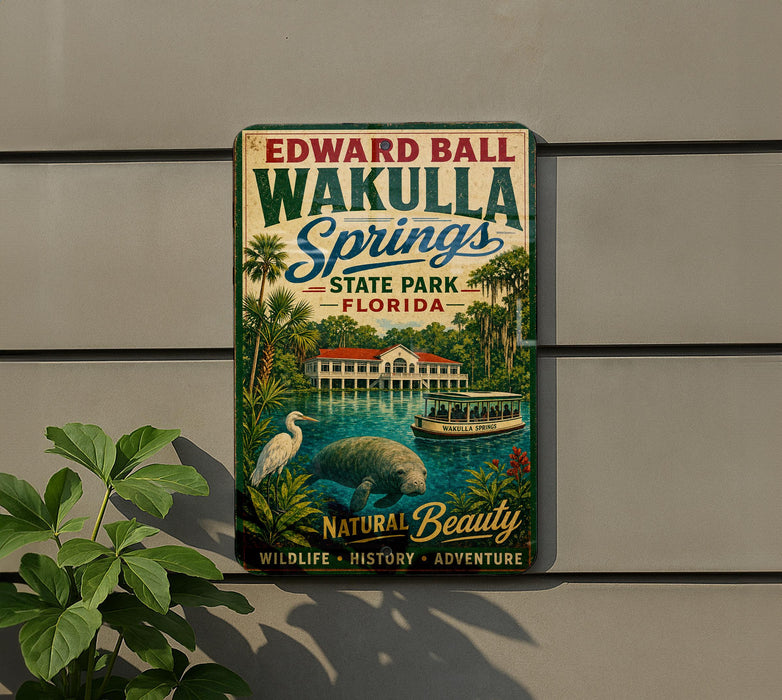 A vintage-style sign for Edward Ball Wakulla Springs State Park, Florida, featuring a tropical landscape with palm trees, a manatee, and a boat on the water.