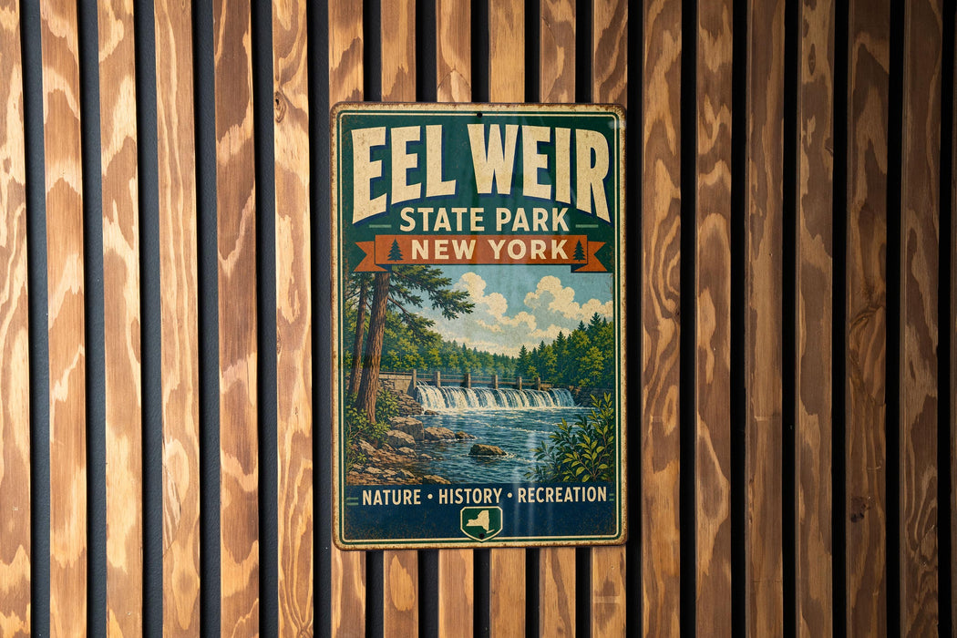 A vintage-style metal sign for Eel Weir State Park in New York, featuring a scenic illustration of a waterfall and forest.