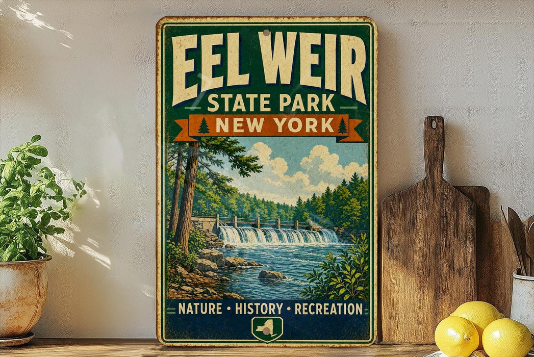A vintage-style sign for Eel Weir State Park in New York, featuring a scenic illustration of a waterfall surrounded by lush greenery.