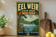 A vintage-style sign for Eel Weir State Park in New York, featuring a scenic illustration of a waterfall surrounded by lush greenery.
