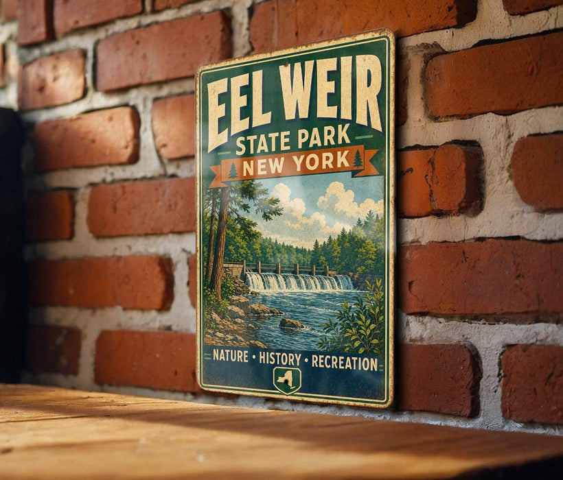 A vintage-style metal sign for Eel Weir State Park in New York, featuring a scenic landscape with a waterfall and trees.