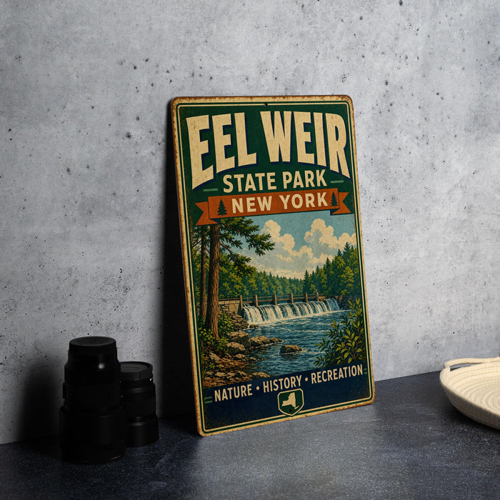 A vintage-style sign for Eel Weir State Park in New York, featuring a scenic illustration of a waterfall and forest.