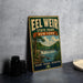 A vintage-style sign for Eel Weir State Park in New York, featuring a scenic illustration of a waterfall and forest.