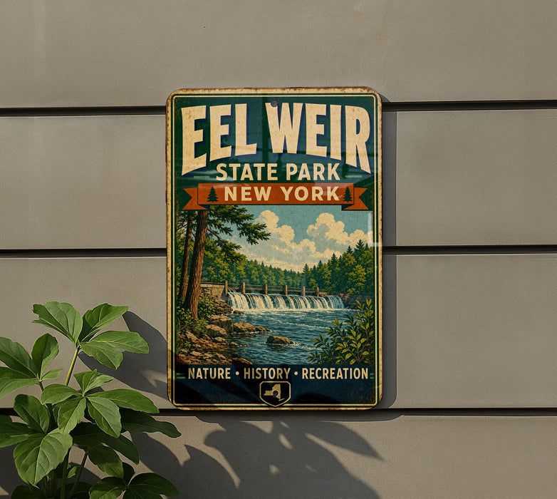 A vintage-style metal sign for Eel Weir State Park in New York, featuring a scenic illustration of a waterfall and forest.