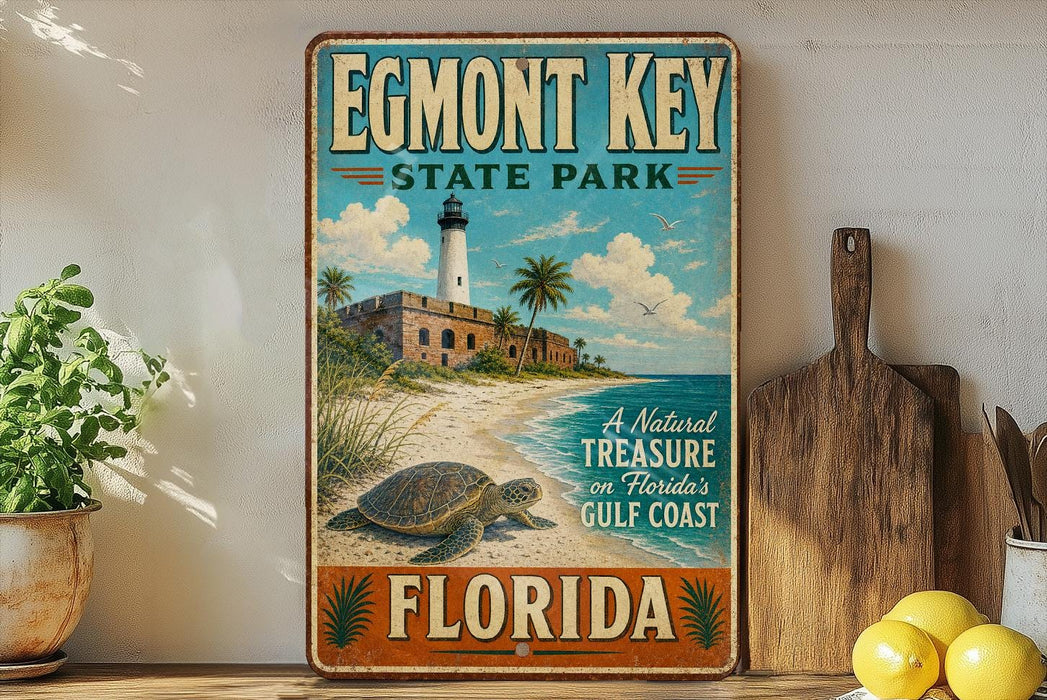A vintage-style metal sign for Egmont Key State Park in Florida, featuring a lighthouse, palm trees, and a turtle on a beach.