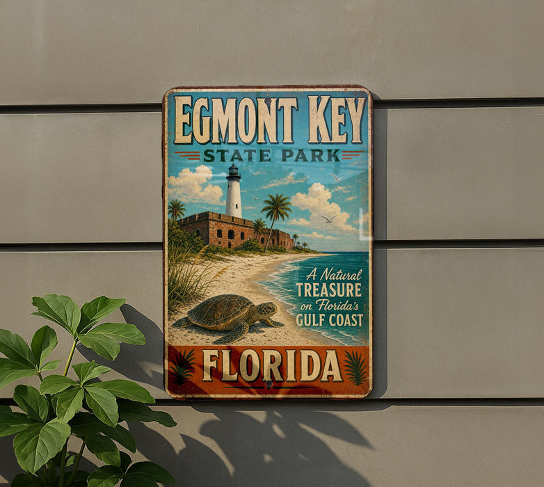 A vintage-style metal sign for Egmont Key State Park in Florida, featuring a lighthouse and a turtle on a beach.