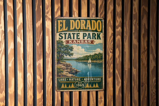 A vintage metal sign for El Dorado State Park in Kansas, featuring a scenic lake and mountains in the background.