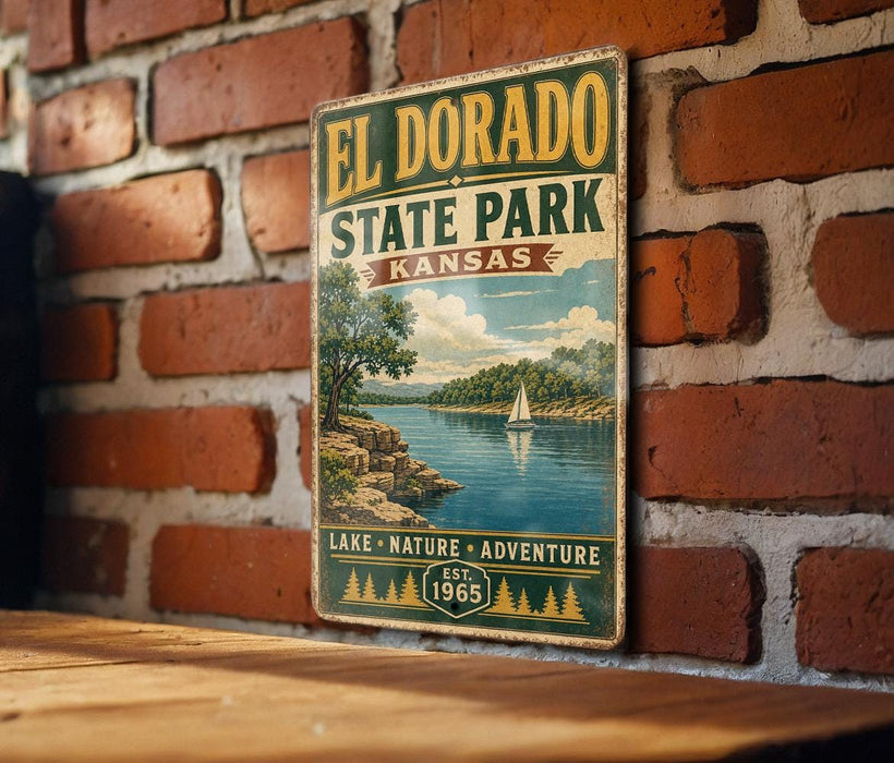 A vintage metal sign for El Dorado State Park in Kansas, featuring a scenic landscape with a lake, trees, and a sailboat.