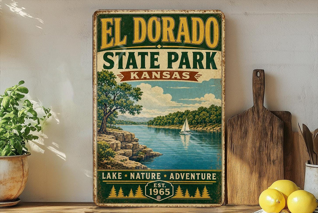 A vintage-style sign for El Dorado State Park in Kansas, featuring a scenic landscape with a lake, trees, and a sailboat.