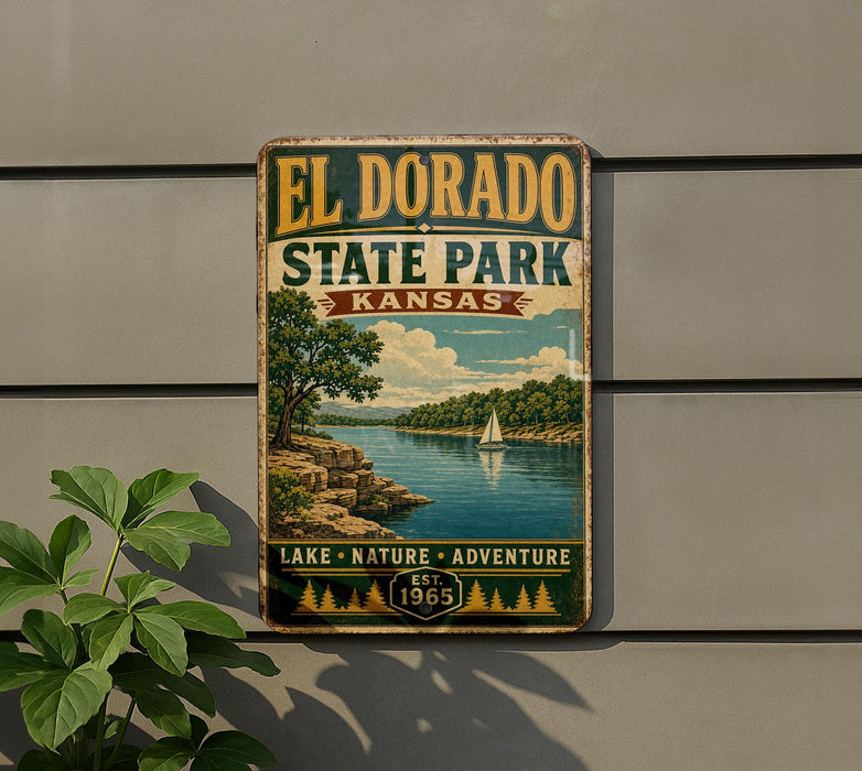 A vintage-style sign for El Dorado State Park in Kansas, featuring a scenic landscape with a lake, trees, and a sailboat.