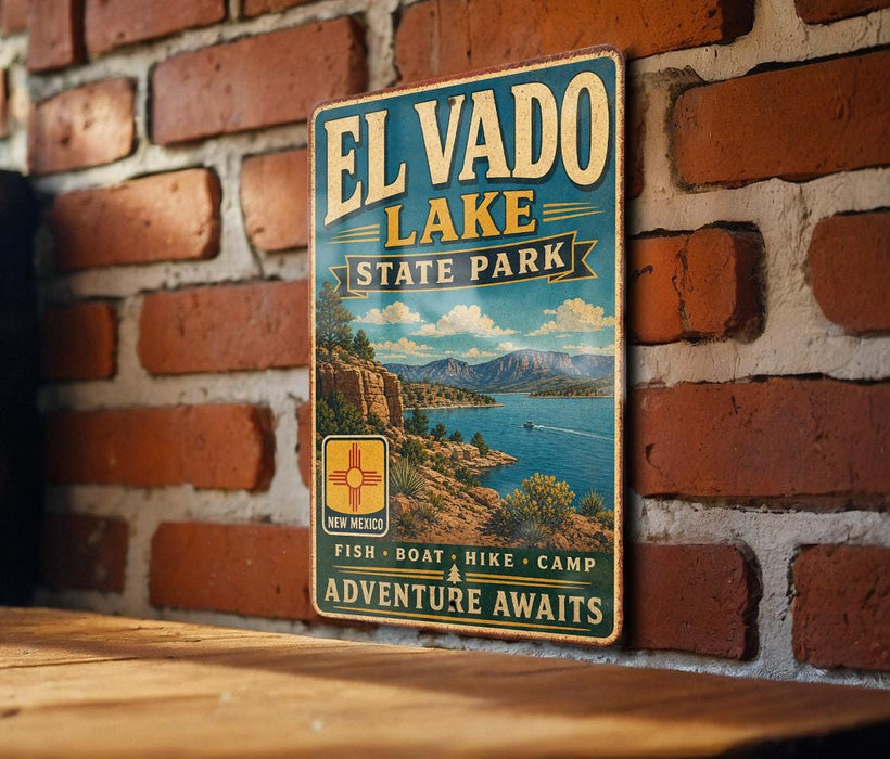 A vintage-style metal sign for El Vado Lake State Park, featuring a scenic landscape with mountains, water, and a boat.
