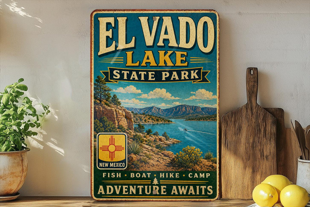 A vintage-style sign for El Vado Lake State Park, featuring a scenic landscape with mountains, a lake, and a boat, along with the text "El Vado Lake State Park" and "Adventures Await".