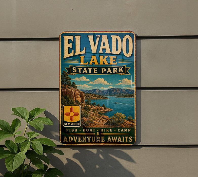 A vintage metal sign for El Vado Lake State Park, featuring a scenic landscape with mountains, a lake, and a boat.