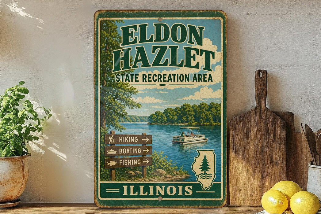 A vintage-style sign for the Eldon Hazlet State Recreation Area in Illinois, featuring a scenic image of a lake and surrounding nature.