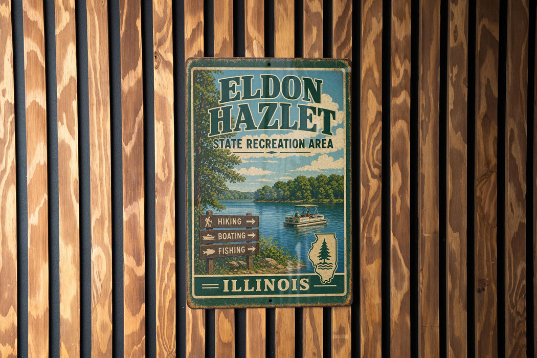 A vintage metal sign for Eldon Hazzlet State Recreation Area in Illinois, featuring a scenic image of a lake and surrounding landscape.