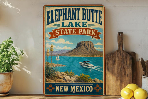 A vintage-style sign for Elephant Butte Lake, New Mexico, featuring a scenic image of a mountain, lake, and boat.