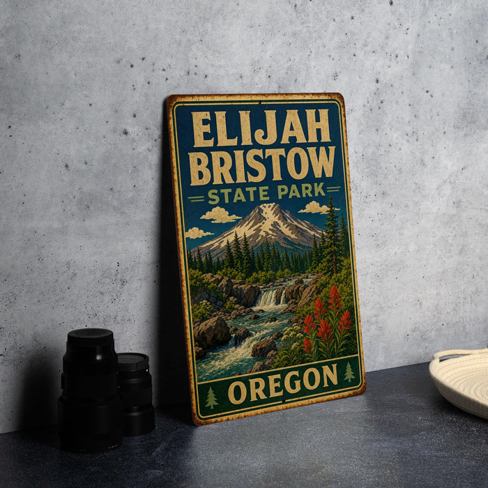 A vintage-style metal sign for Elijah Bristow State Park in Oregon, featuring a mountain landscape with a waterfall and pine trees.