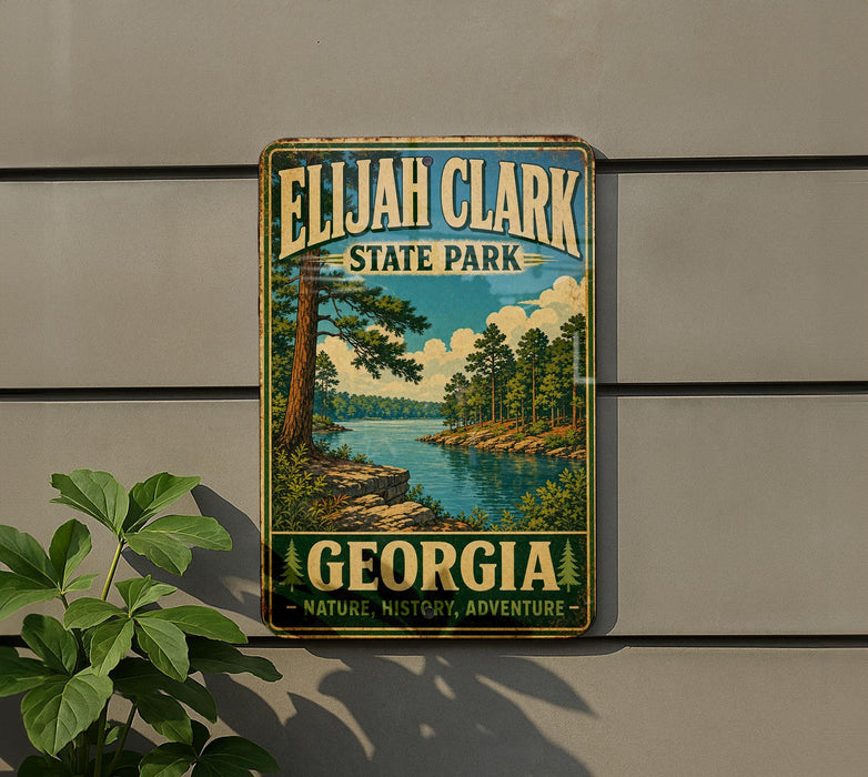 A vintage-style metal sign for Ellah Clark State Park in Georgia, featuring a scenic landscape with a river and pine trees.