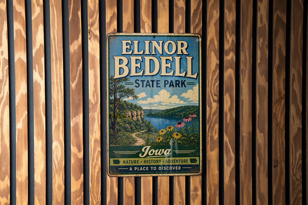 A vintage metal sign for Elinor Bedell State Park, featuring a scenic landscape with a river, mountains, and flowers.