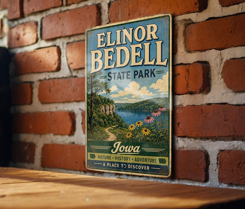 A vintage-style metal sign for Elinor Bedell State Park in Iowa, featuring a scenic landscape with a lake, mountains, and flowers.