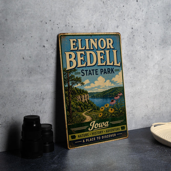 A vintage-style sign for Elinor Bedell State Park in Iowa, featuring a scenic landscape with a lake, mountains, and flowers.