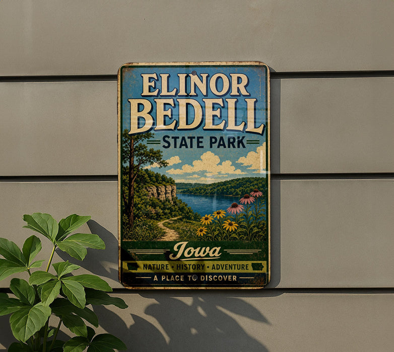 A vintage-style metal sign for Elinor Bedell State Park, featuring a scenic landscape with a lake, mountains, and colorful flowers.