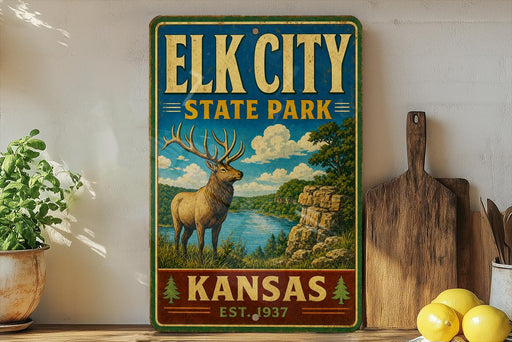 A vintage-style sign for Elk City State Park in Kansas, featuring an illustration of a deer in a scenic landscape.