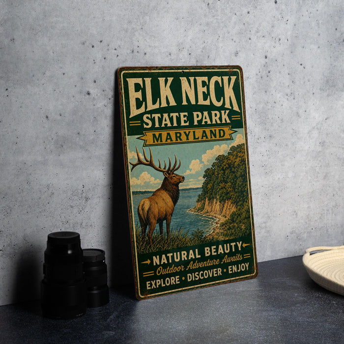 A vintage metal sign for Elk Neck State Park, Maryland, featuring an illustration of a deer in a natural setting.