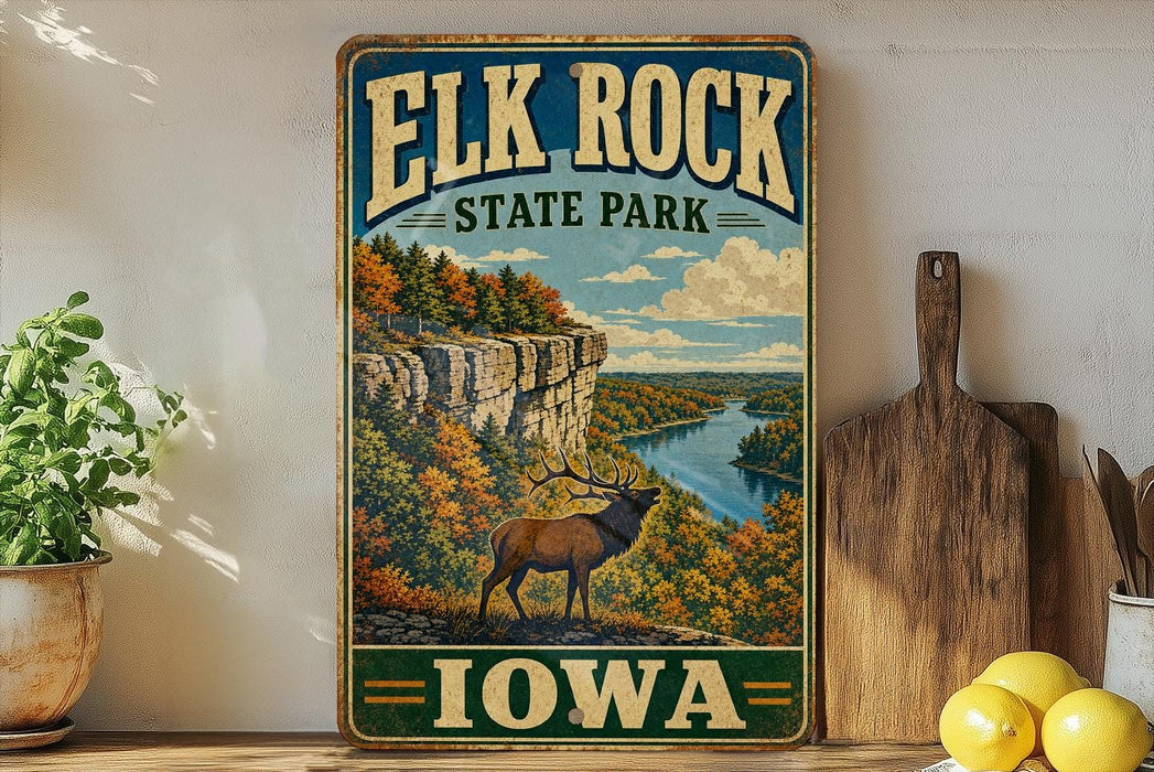 A vintage-style sign for Elk Rock State Park in Iowa, featuring a scenic landscape with a river, cliffs, and a deer.