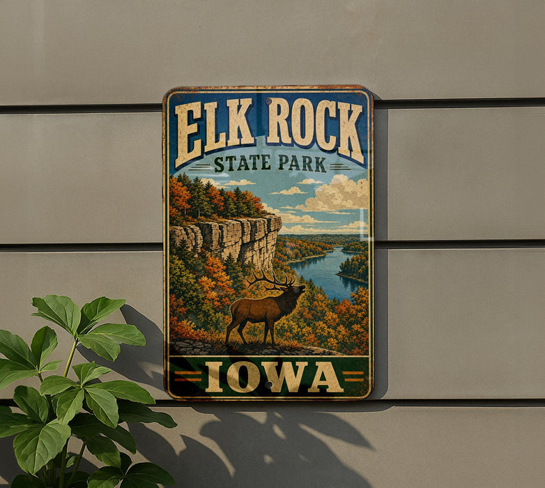 A vintage metal sign for Elk Rock State Park in Iowa, featuring a scenic landscape with a river, cliffs, and a deer.