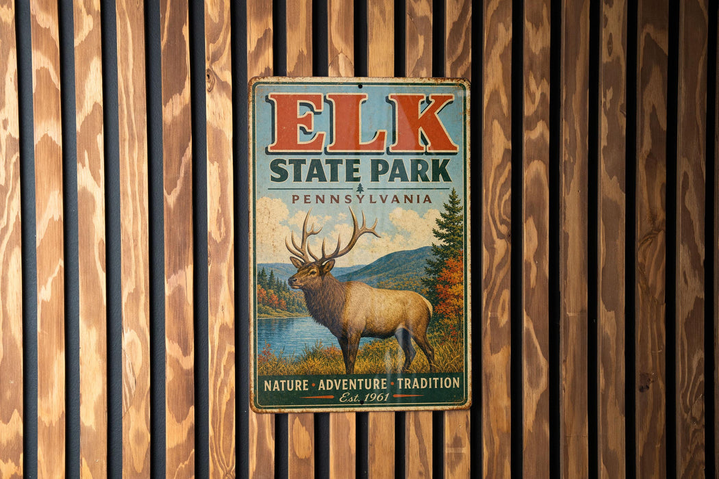 A vintage metal sign for Elk State Park in Pennsylvania, featuring an illustration of a deer with antlers and a scenic landscape.