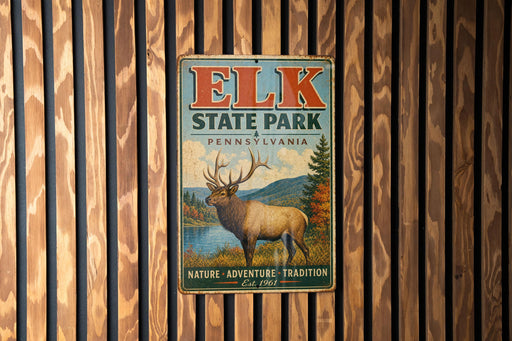 A vintage metal sign for Elk State Park in Pennsylvania, featuring an illustration of a deer with antlers and a scenic landscape.