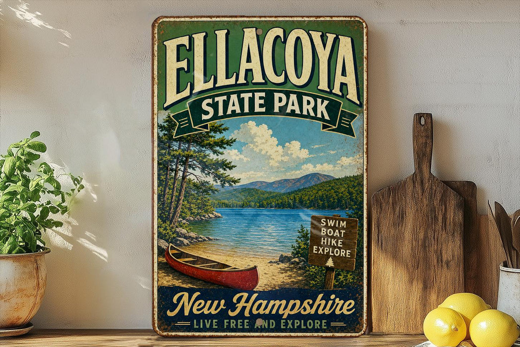 A vintage-style metal sign for Ellacoya State Park in New Hampshire, featuring a scenic image of a lake, mountains, and a red canoe.