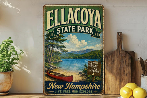 A vintage-style metal sign for Ellacoya State Park in New Hampshire, featuring a scenic image of a lake, mountains, and a red canoe.