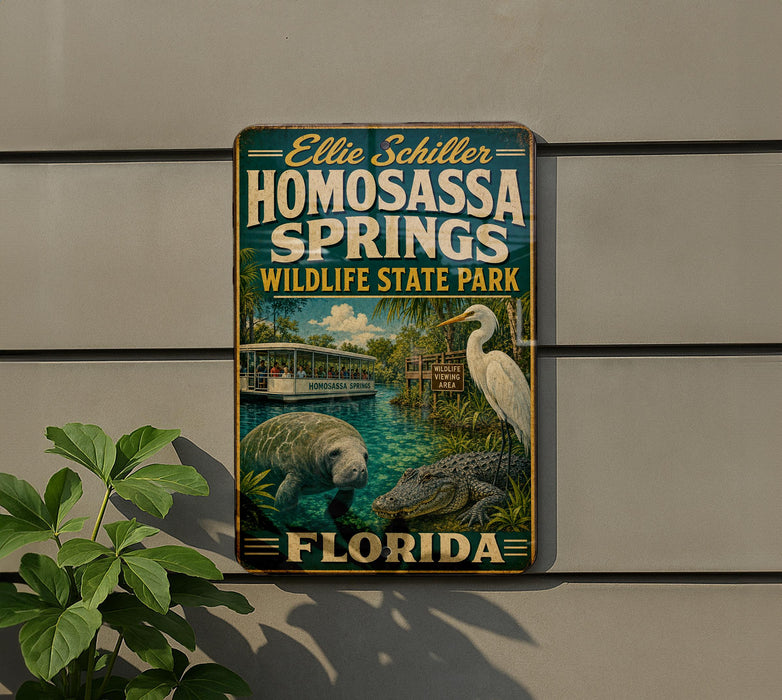 A metal sign for Homosassa Springs Wildlife State Park in Florida, featuring a manatee and a white egret in a tropical setting.