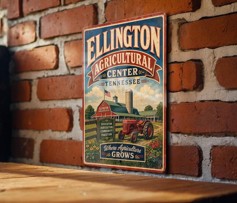A vintage-style metal sign for the Ellington Agricultural Center in Tennessee, featuring a farm scene with a tractor and barn.