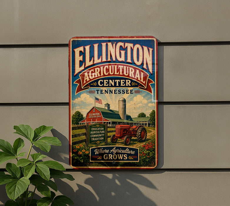 A vintage-style metal sign for the Ellington Agricultural Center in Tennessee, featuring a farm scene with a red tractor and barn.