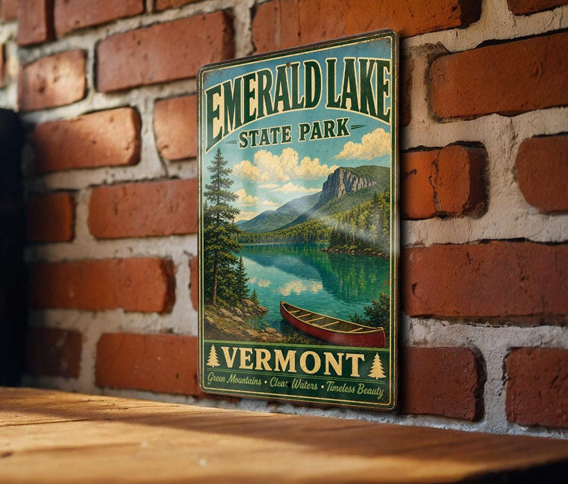 A vintage-style metal sign for Emerald Lake State Park in Vermont, featuring a scenic landscape with a lake, mountains, and a canoe.
