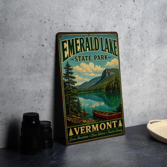 A vintage-style sign for Emerald Lake State Park in Vermont, featuring a scenic landscape with a lake, mountains, and a canoe.