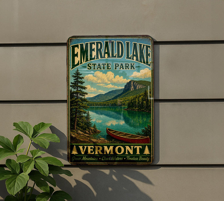 A vintage-style metal sign for Emerald Lake State Park in Vermont, featuring a scenic landscape with a lake, mountains, and a canoe.