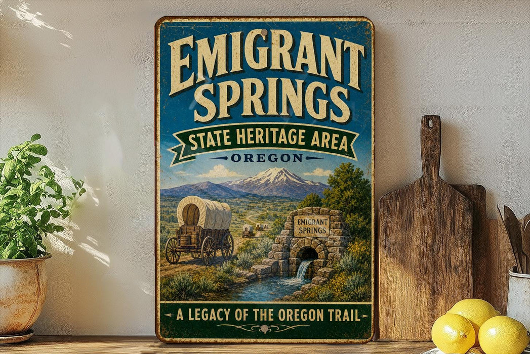 a vintage-style sign for the Emigrant Springs State Heritage Area in Oregon, depicting a covered wagon and a stone bridge in a scenic landscape.