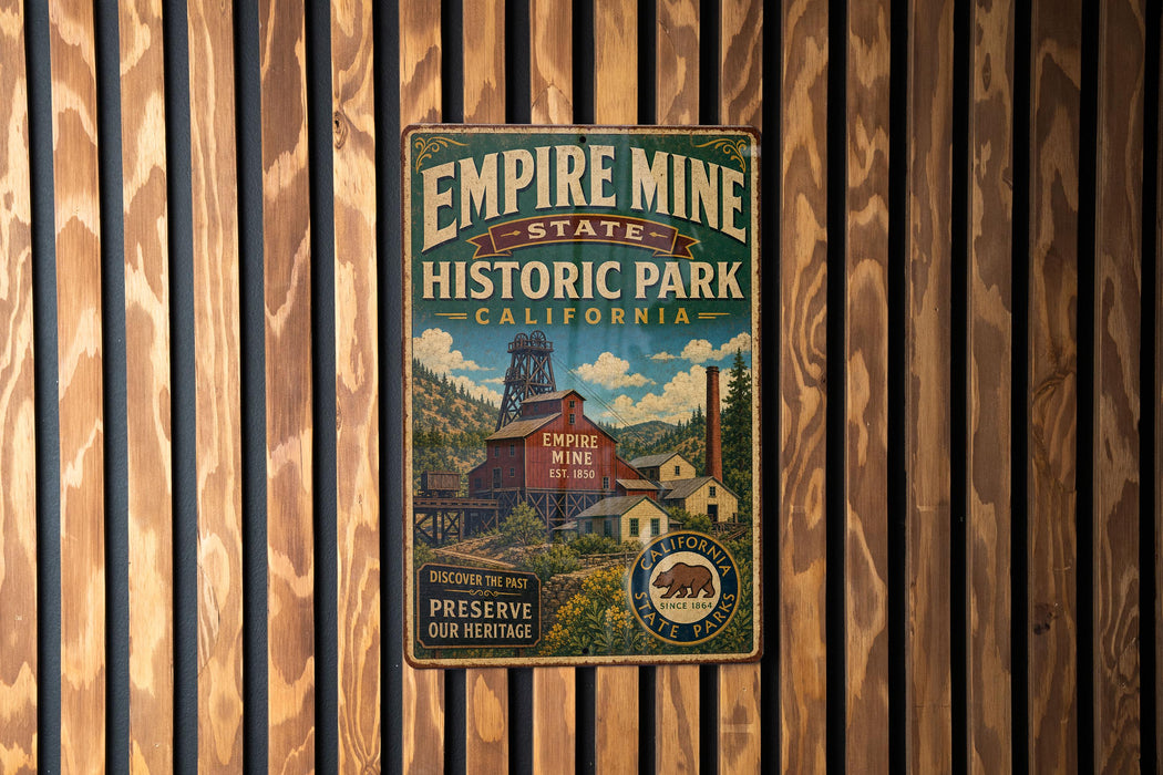 A vintage-style metal sign for Empire Mine State Historic Park in California, featuring a scenic illustration of the historic site.