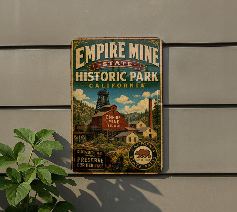 a vintage-style sign for Empire Mine State Historic Park, California, with a scenic illustration of the historic site.