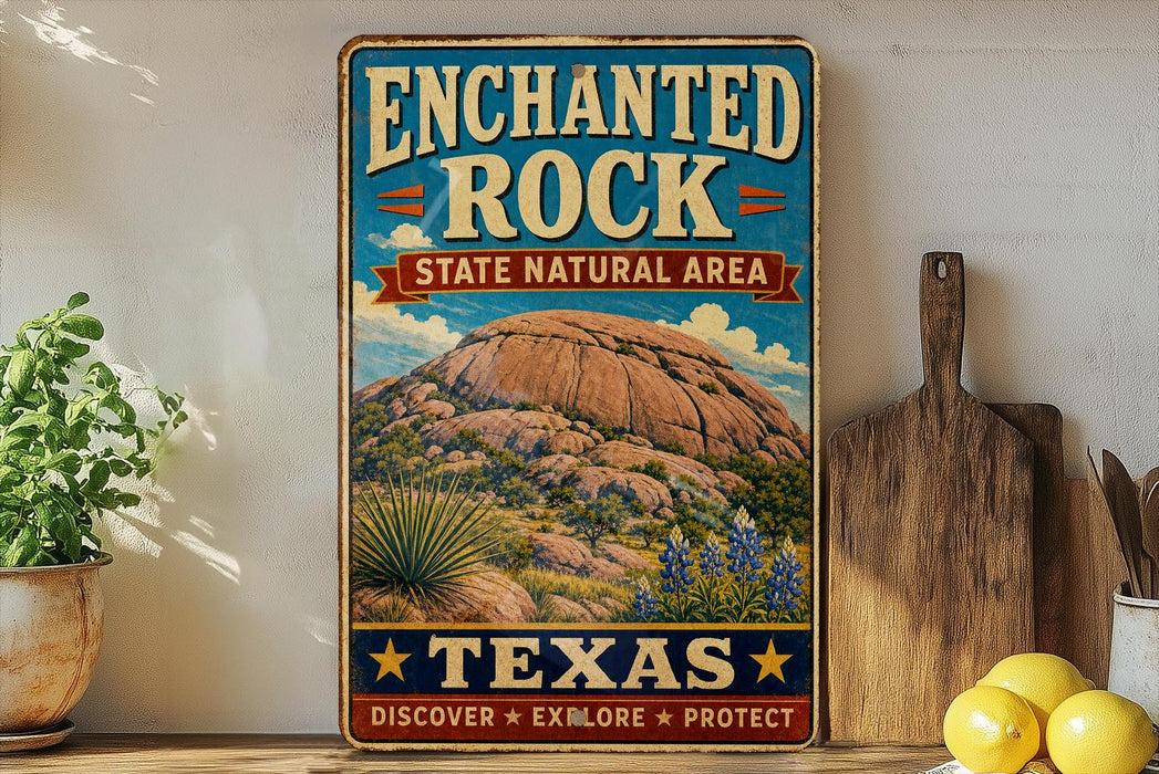 A vintage-style sign for the Enchanted Rock State Natural Area in Texas, featuring a scenic illustration of the rock formation and desert landscape.