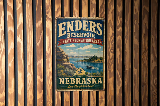 A vintage metal sign for the Enders Reservoir State Recreation Area in Nebraska, featuring a scenic landscape with a lake, mountains, and a boat.