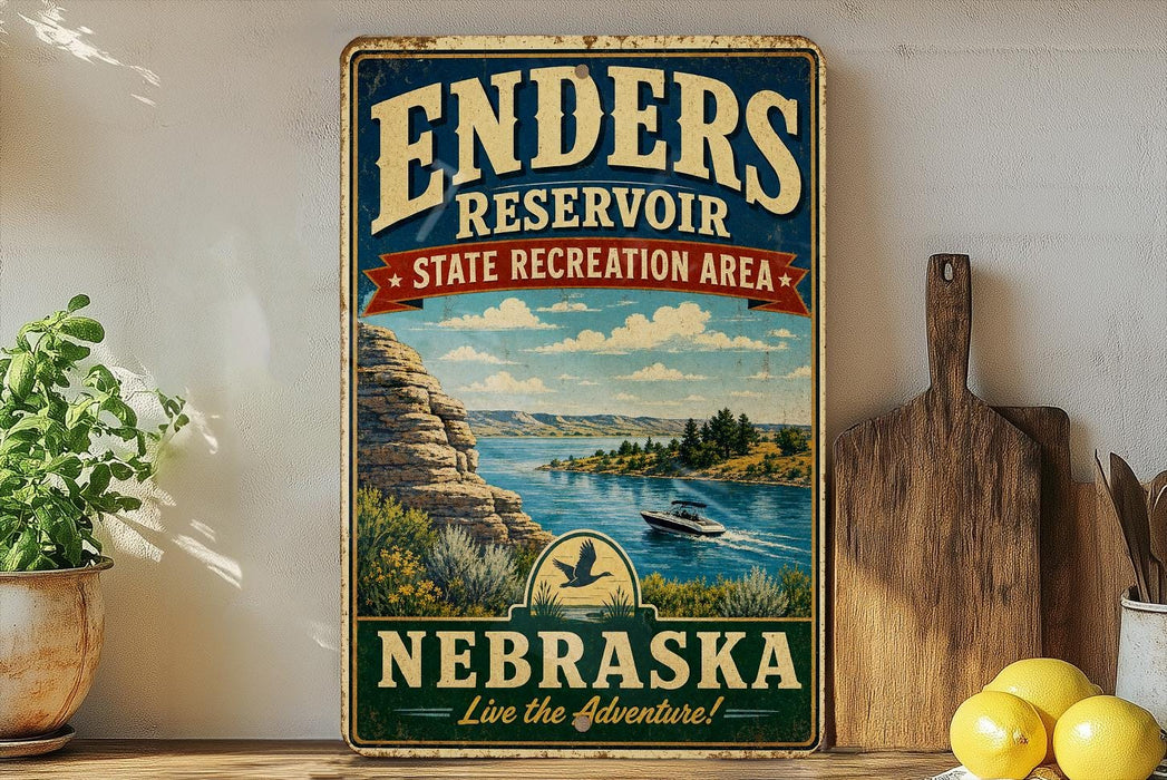 A vintage-style sign for the Enders Reservoir State Recreation Area in Nebraska, featuring a scenic landscape with a lake, mountains, and a boat.
