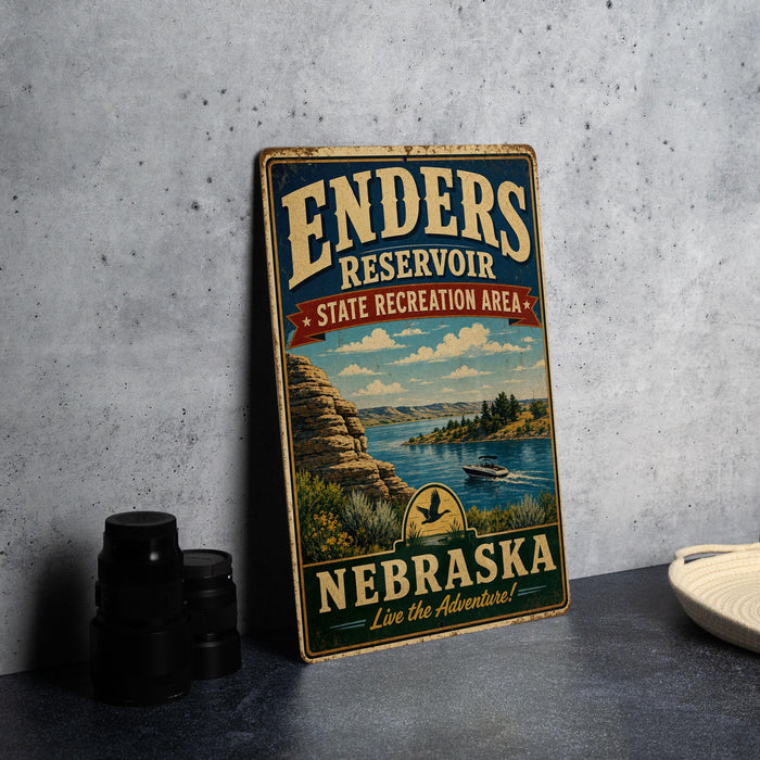 A vintage-style sign for the Enders Reservoir in Nebraska, featuring a scenic landscape with a lake, mountains, and a boat.