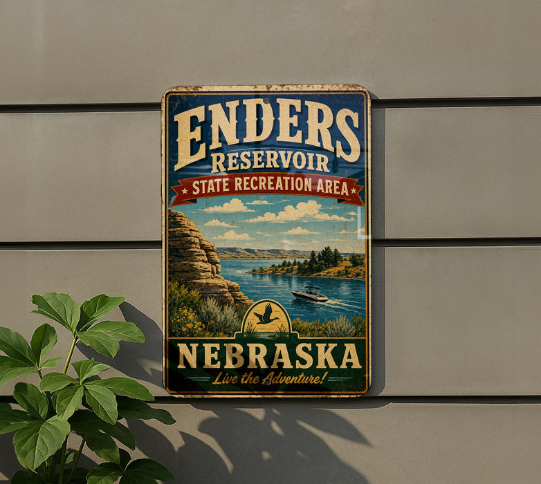 A vintage metal sign for the Enders Reservoir State Recreation Area in Nebraska, featuring a scenic landscape with a lake, mountains, and a boat.