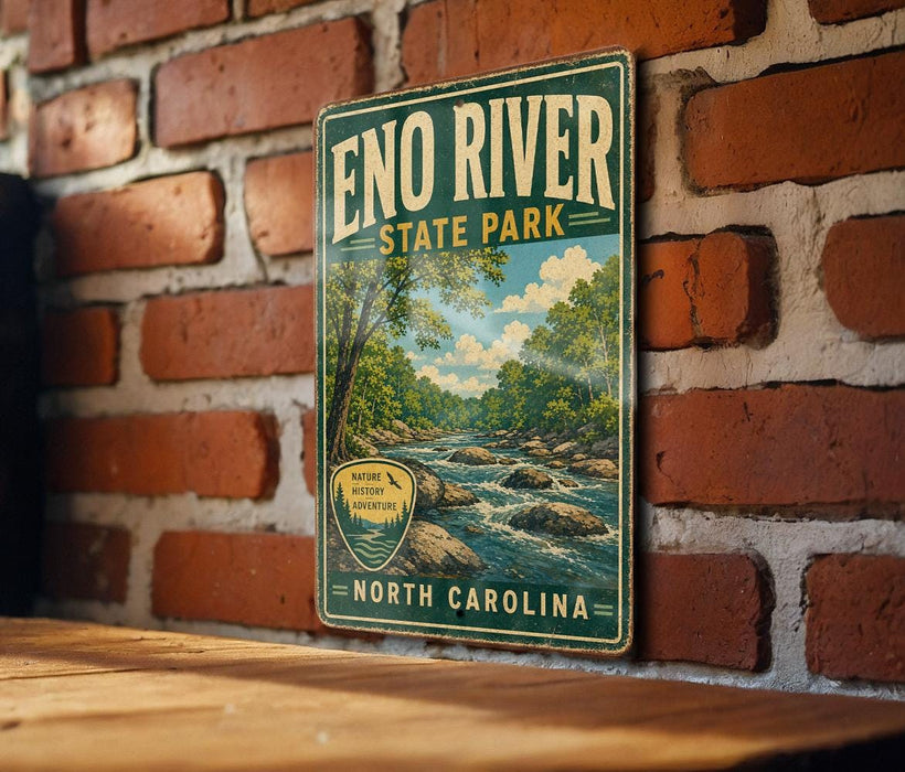 A vintage-style metal sign for Eno River State Park in North Carolina, featuring a scenic illustration of a river surrounded by trees and mountains.