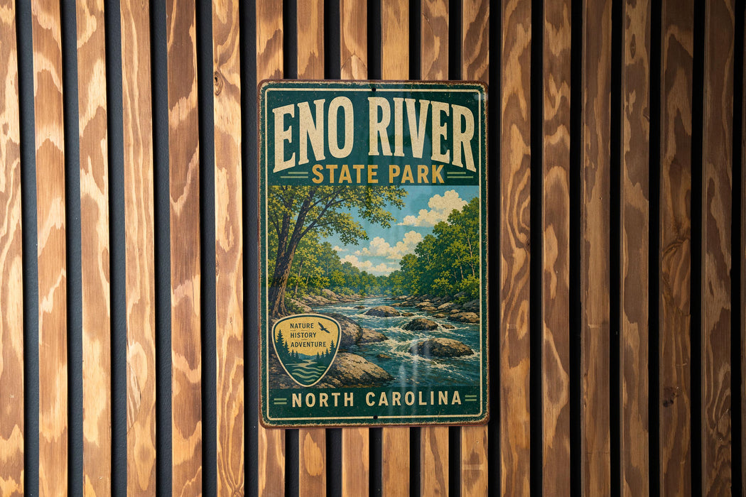 A vintage metal sign for Eno River State Park in North Carolina, featuring a scenic illustration of a river surrounded by trees and mountains.